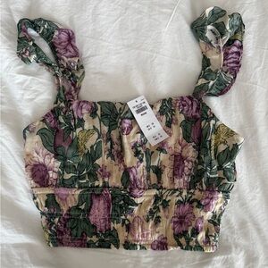 Abercrombie & Fitch Floral Smocked Crop Top in Cream, Purple & Green